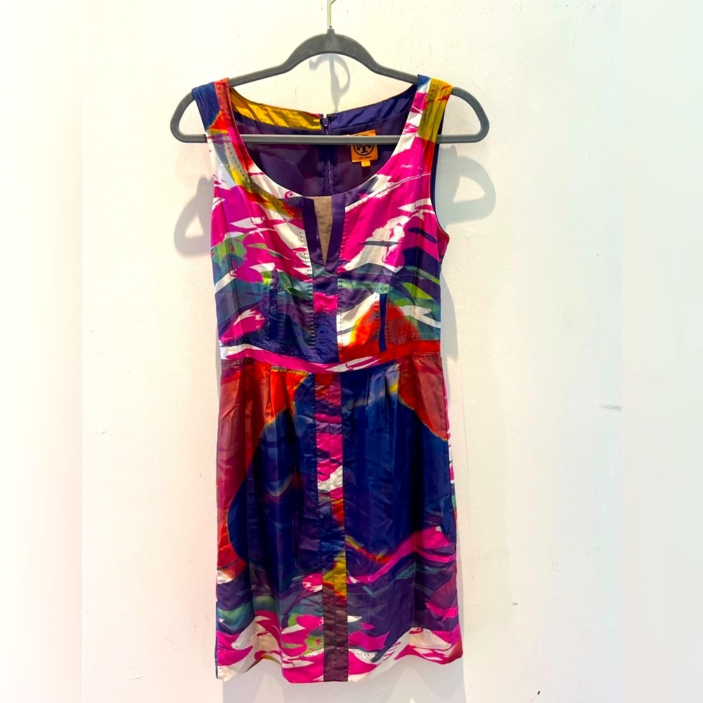 Tory Burch Colorful Amalia Watercolor Art Print Sleeveless Silk Dress Size 6